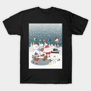 Fun greeting card with Santa and friends having a Christmas party outside T-Shirt